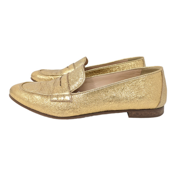 J. Crew Charlie Leather Crinkled Metallic Gold Loafers Size 8 - Picture 1 of 6